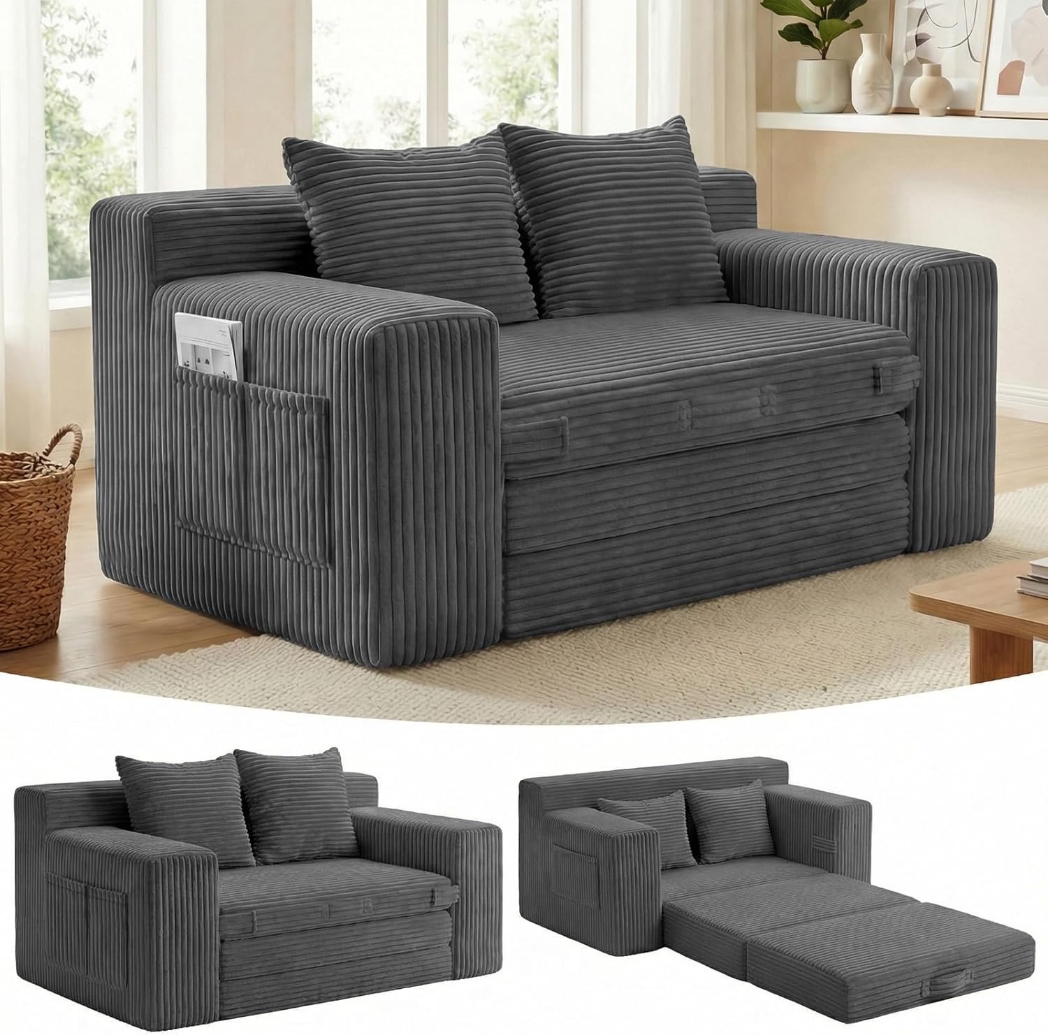 3-in-1 Boneless Loveseat Sofa Bed, Corduroy - Image 6