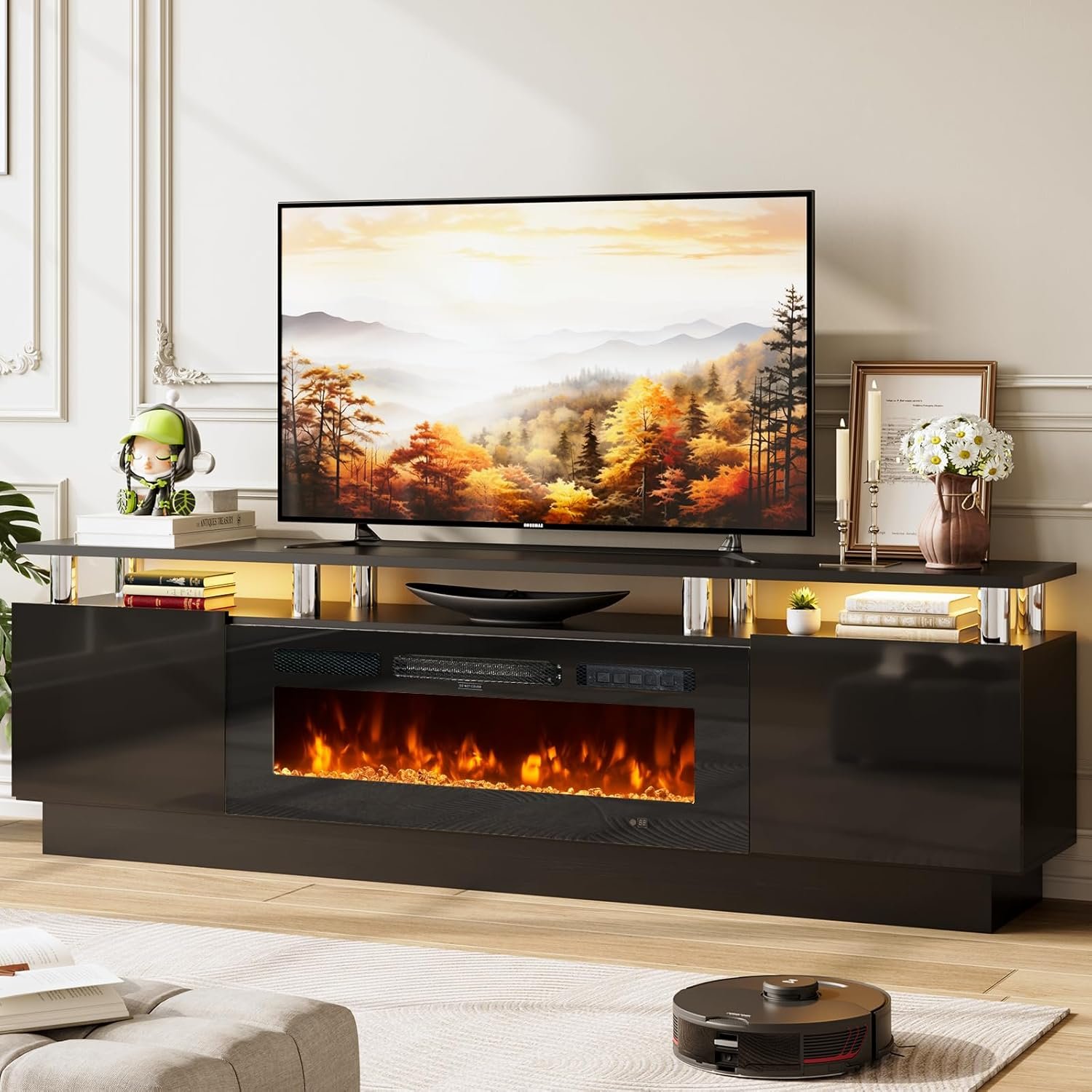 TV Stand with Fireplace, 70", Grey/Black - 画像 (10)