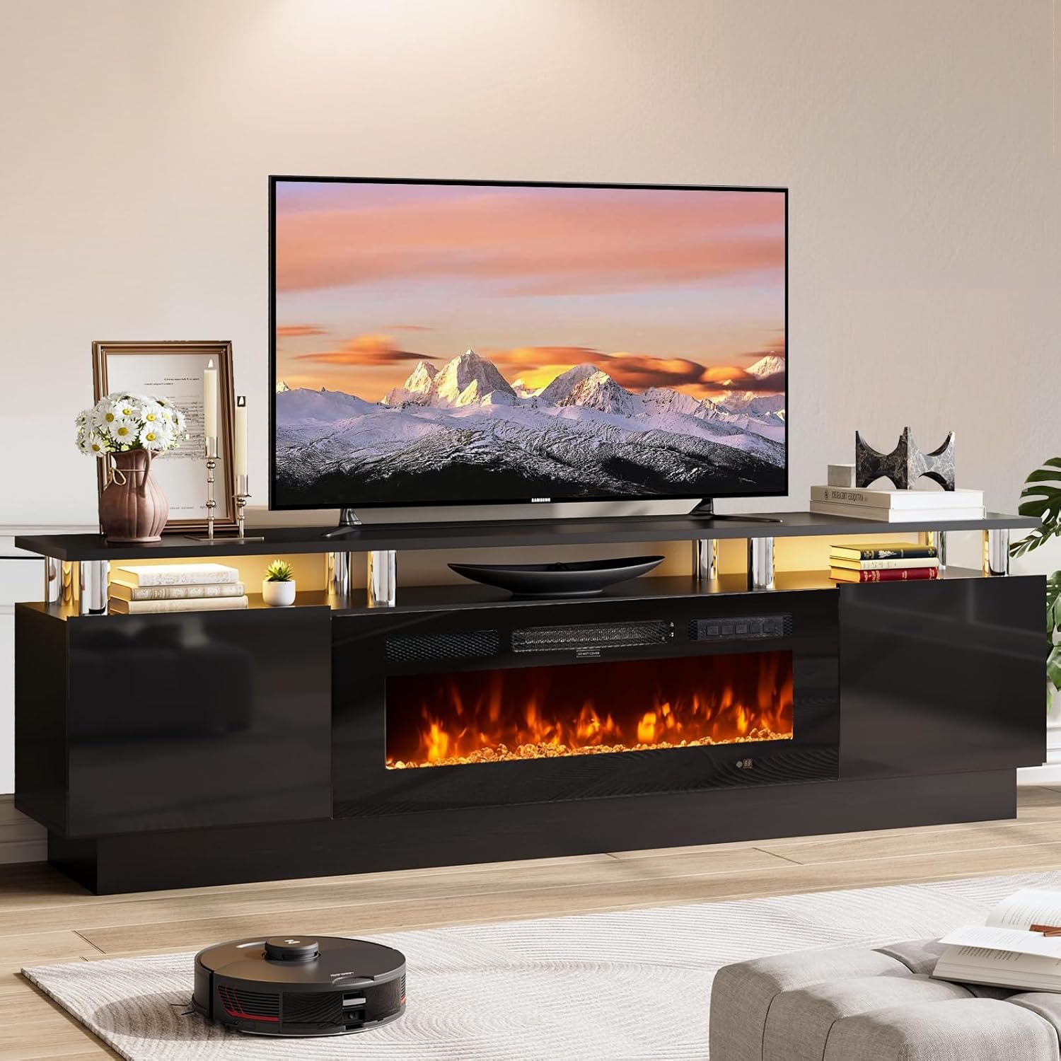 TV Stand with Fireplace, 70", Grey/Black - 画像 (6)