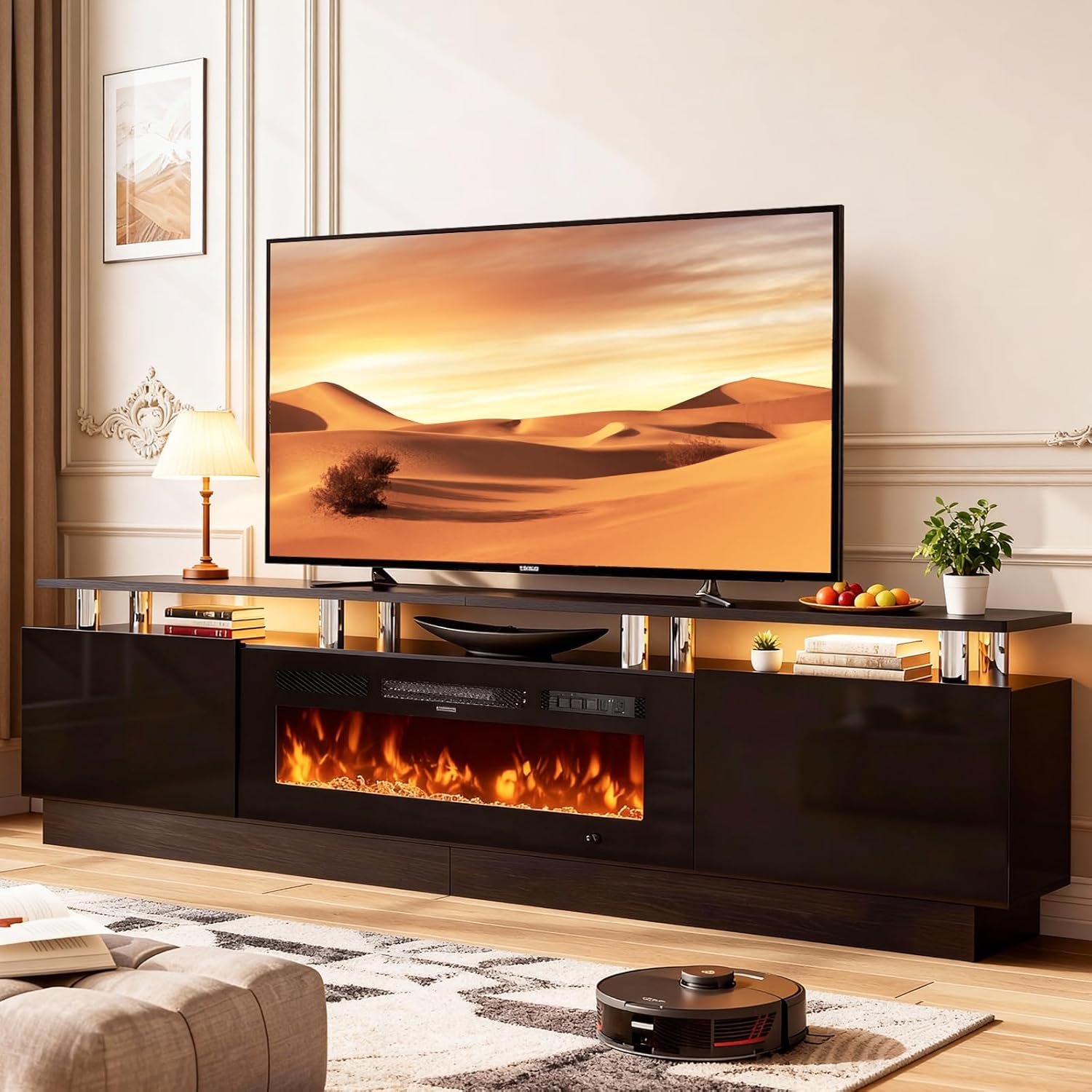 TV Stand with Fireplace, 70", Grey/Black - 画像 (7)
