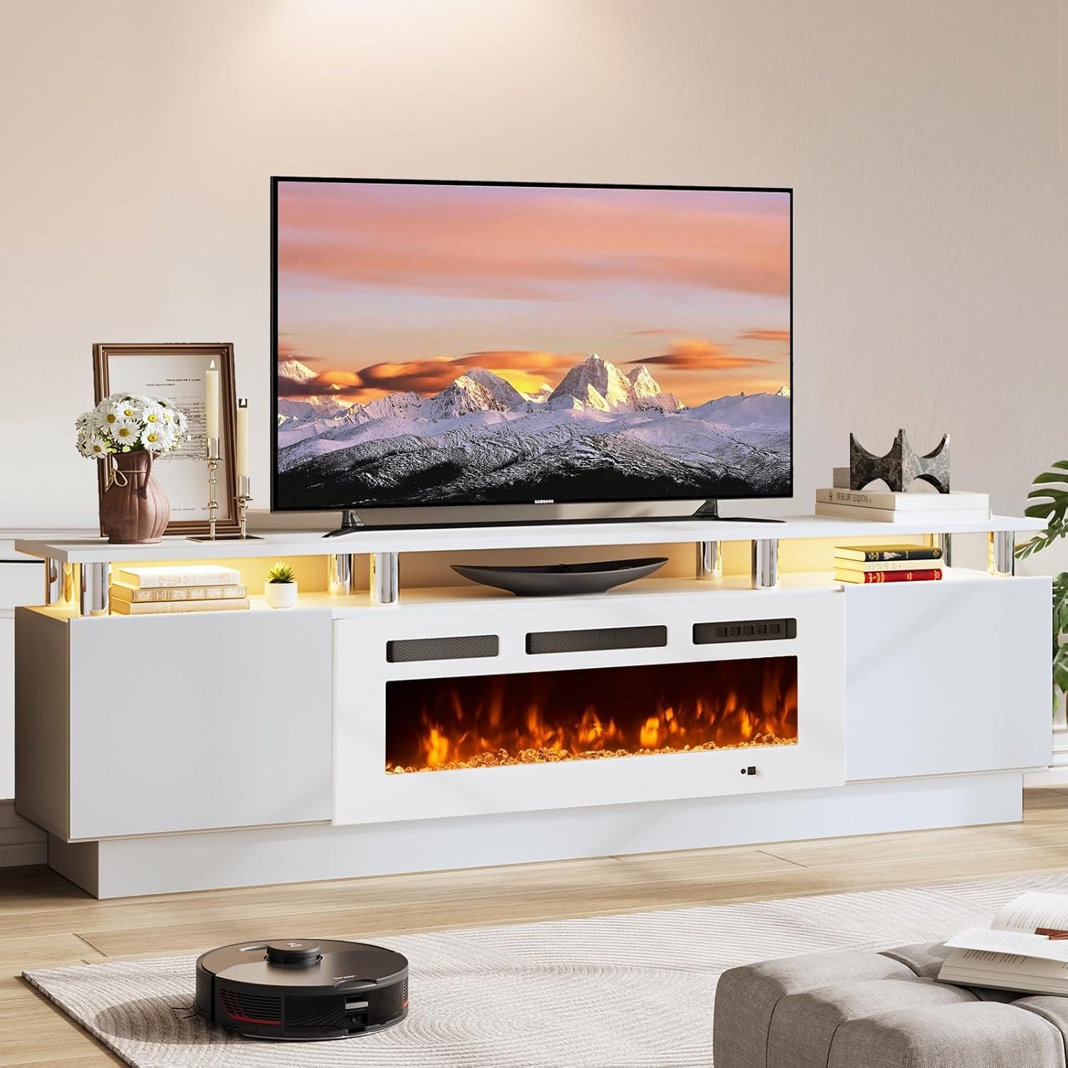 TV Stand with Fireplace, 70", Grey/Black - 画像 (4)