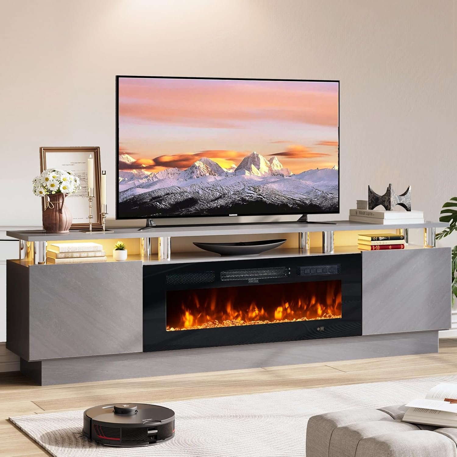 TV Stand with Fireplace, 70", Grey/Black - 画像 (2)