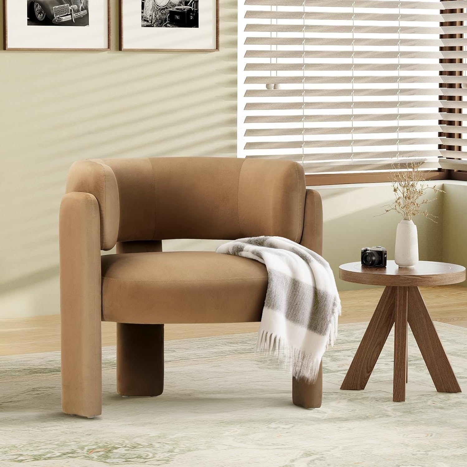 COLAMY Upholstered Barrel Chairs – Velvet, 2-Pack, Khaki - Image 8