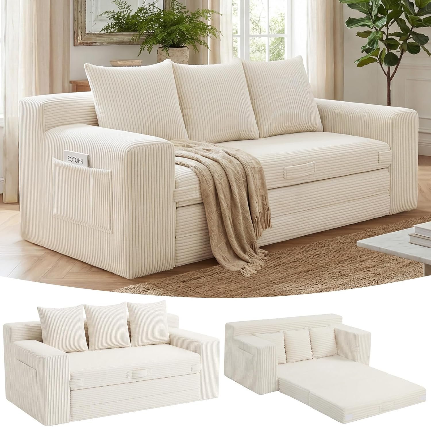 3-in-1 Boneless Loveseat Sofa Bed, Corduroy - Image 2