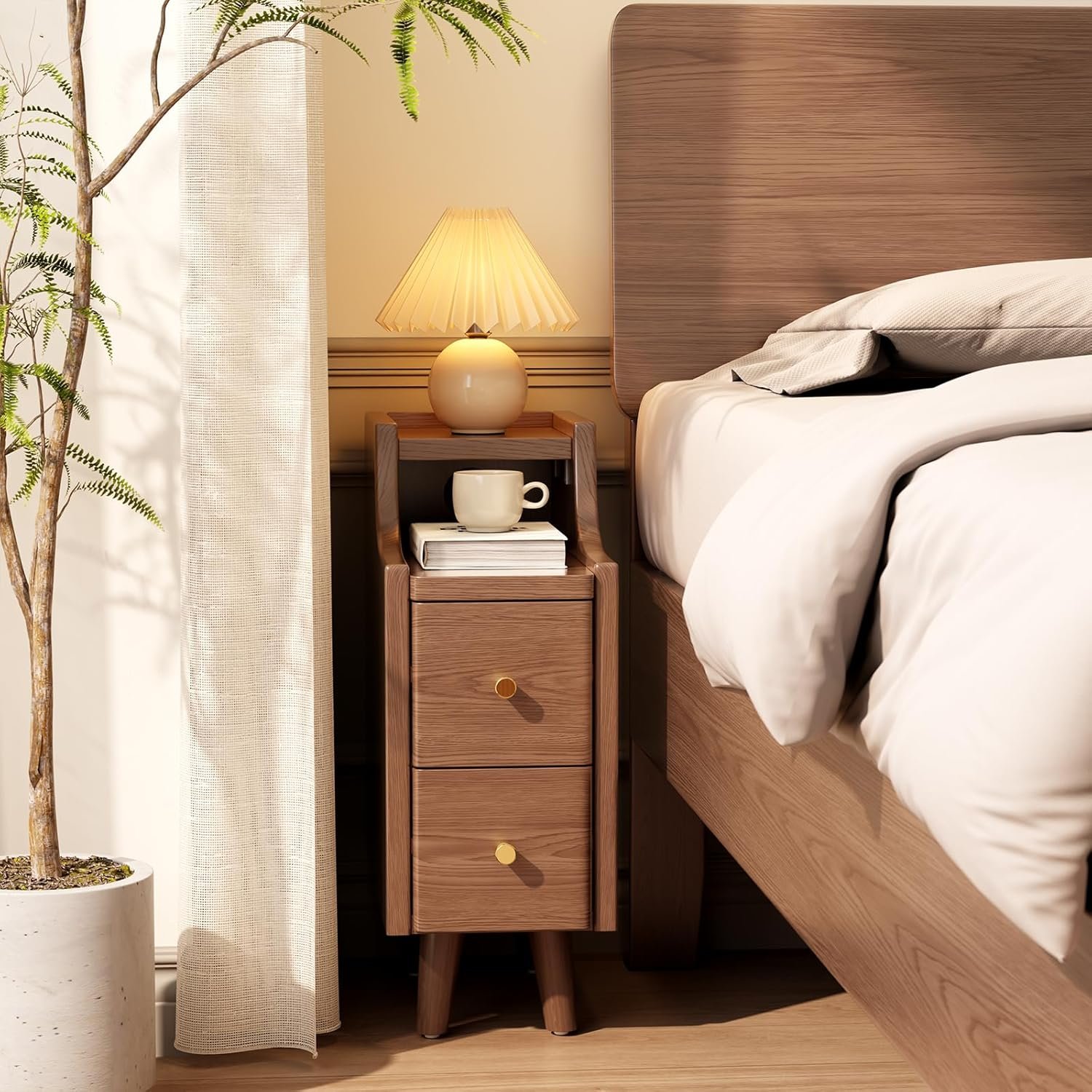 Solid Wood Nightstand, Narrow, Walnut - 画像 (3)