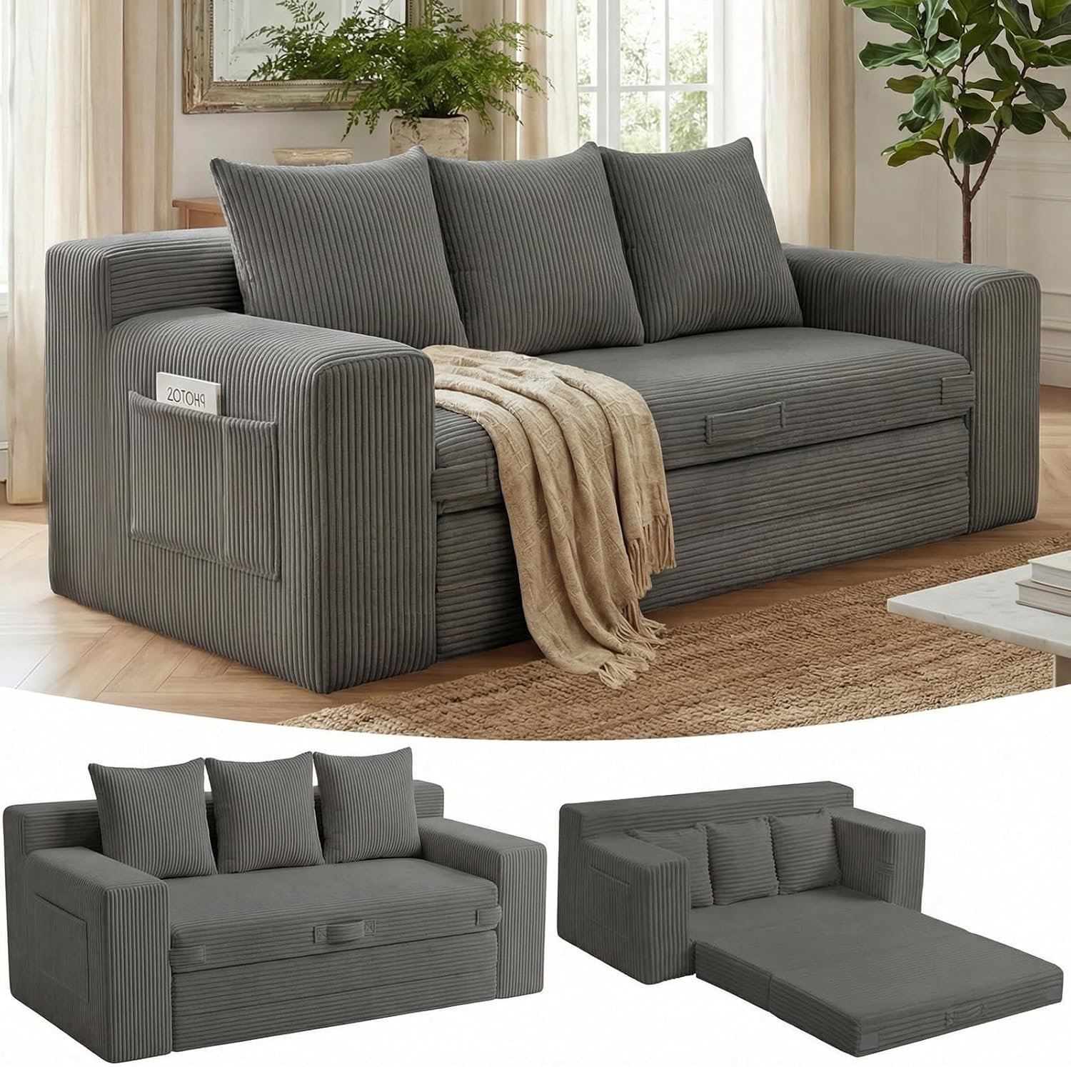 3-in-1 Boneless Loveseat Sofa Bed, Corduroy - Image 4