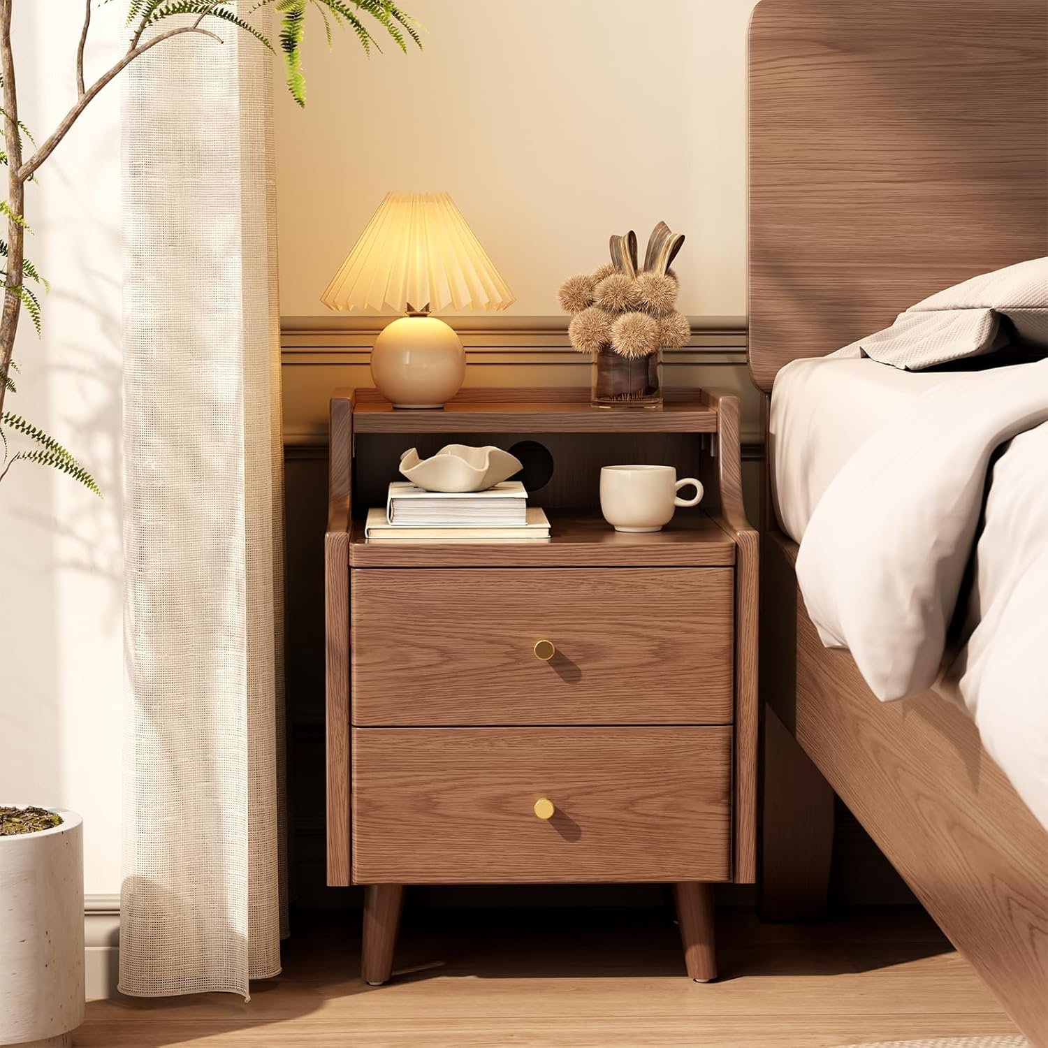 Solid Wood Nightstand, Narrow, Walnut - 画像 (8)
