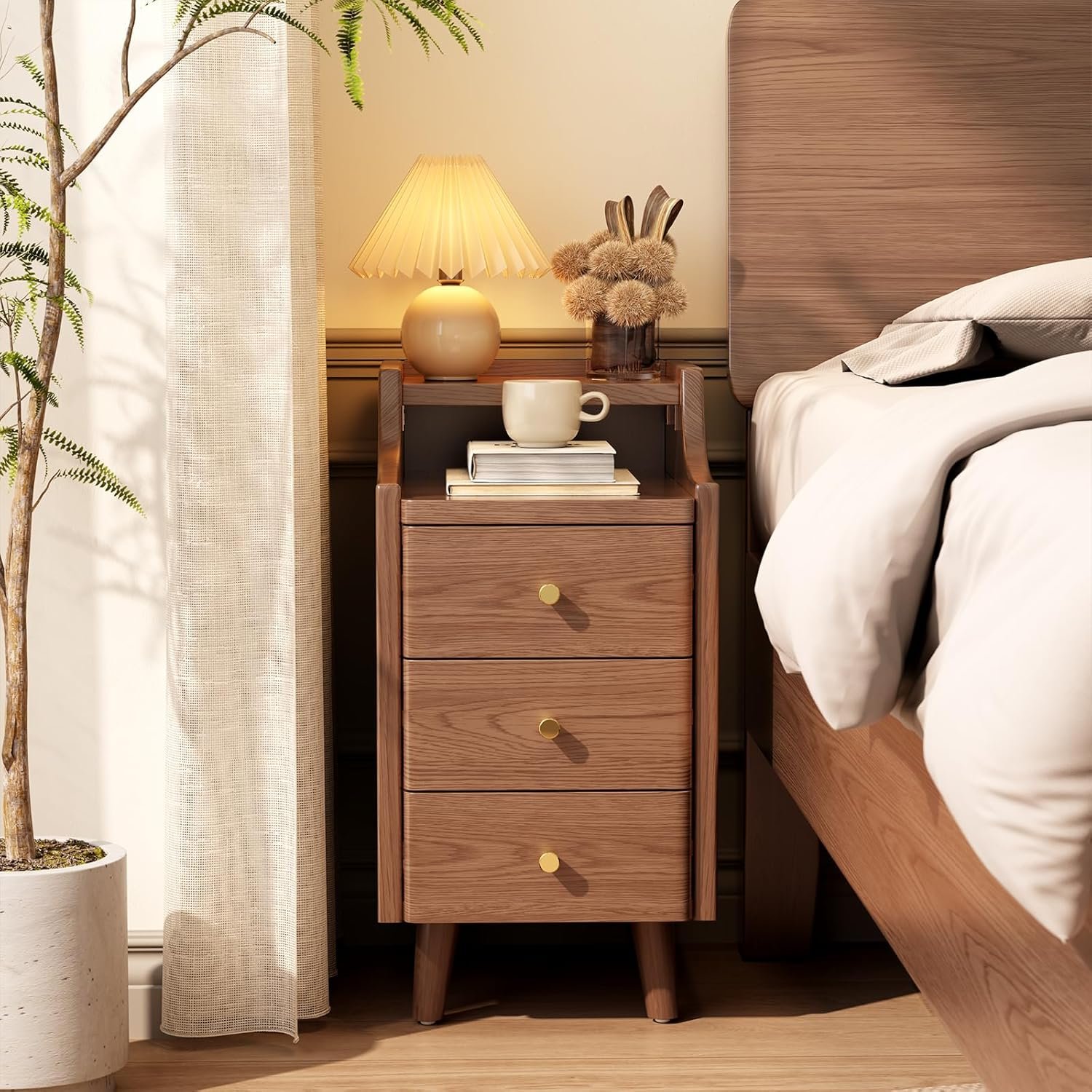 Solid Wood Nightstand, Narrow, Walnut - 画像 (4)