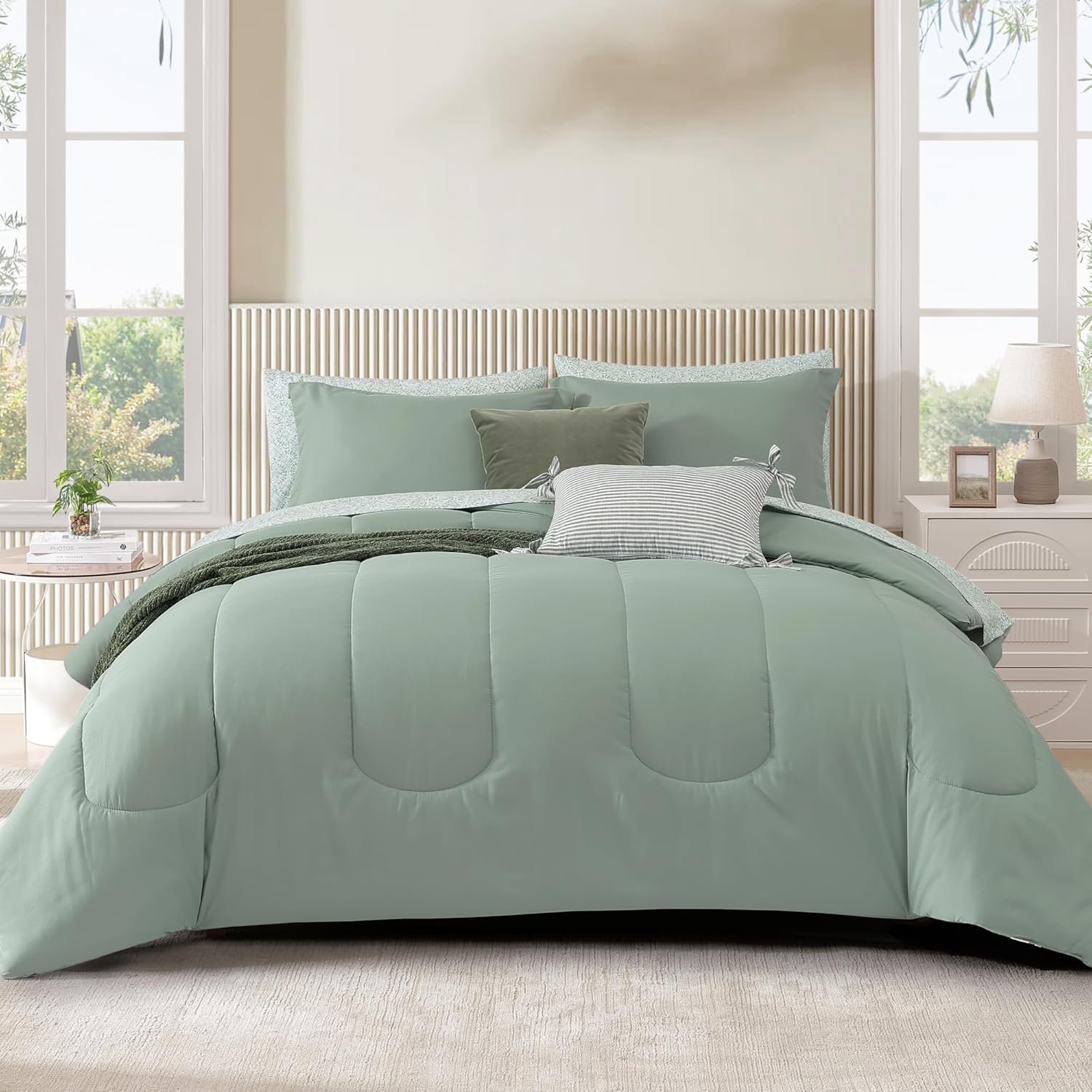 Monbix Queen Comforter Set, 7-Piece, Sage Green - Image 2