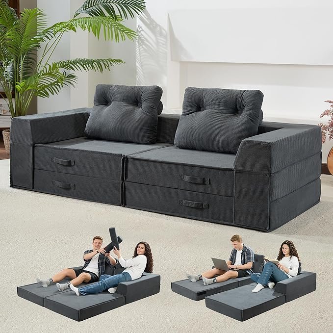 4-in-1 Folding Sofa Bed – Memory Foam Sleeper Chair, Black Grey - Image 15