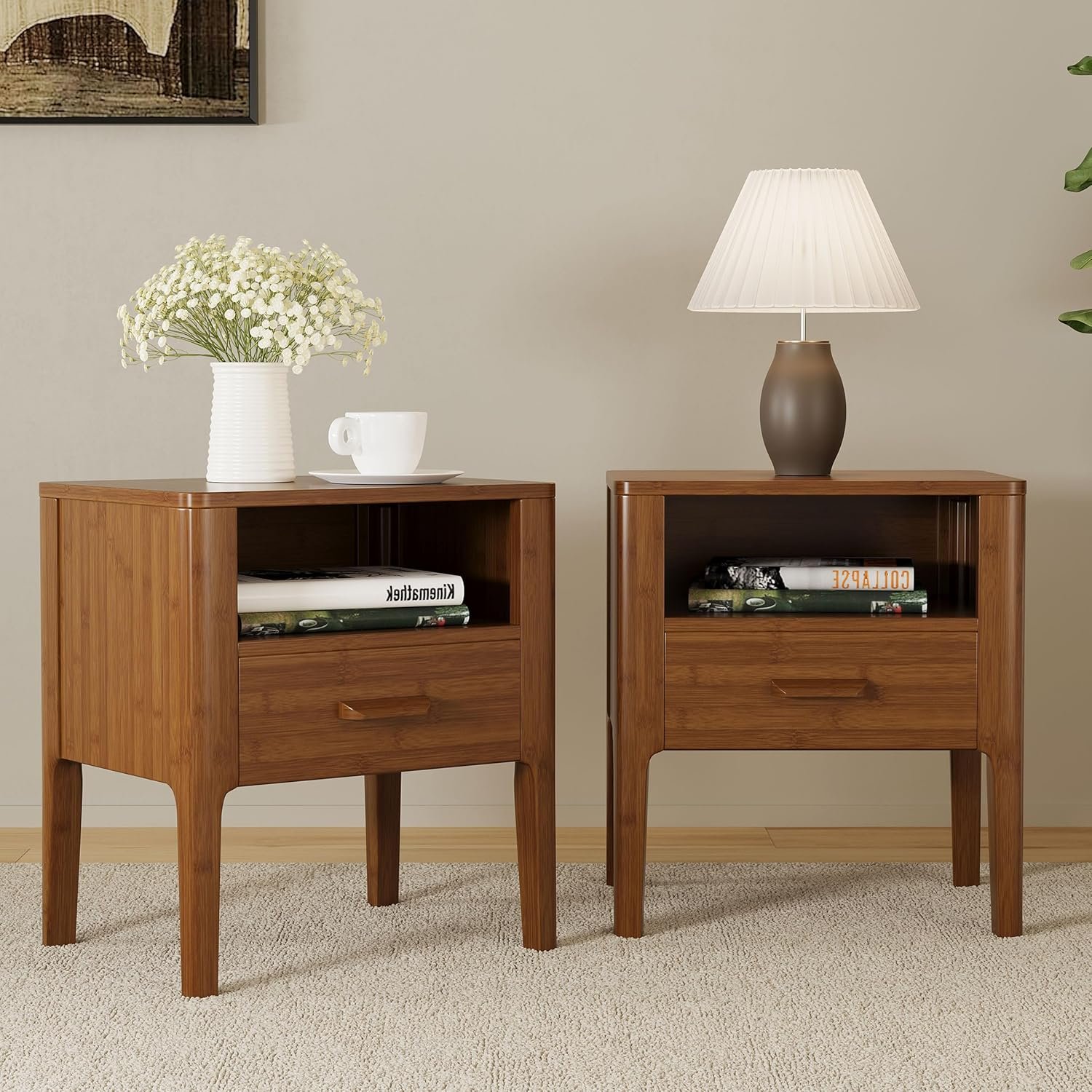 Merax Bamboo Nightstand Set of 2, Brown - Image 2